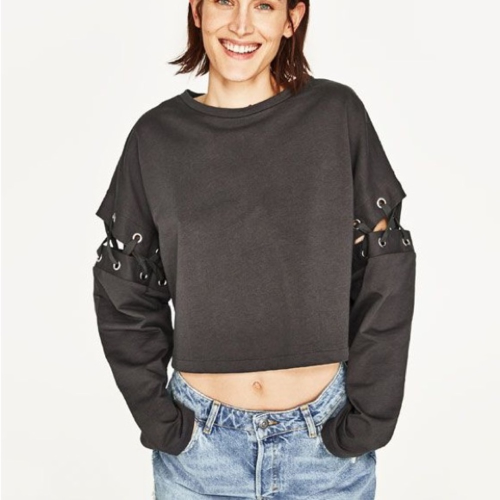 Paper Crane Slate Blue Lace-Up Sleeve Sweatshirt